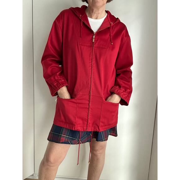 St John Sport Red Hooded Jacket Size M Zip Front Nautical Coastal Preppy Style - Picture 1 of 10